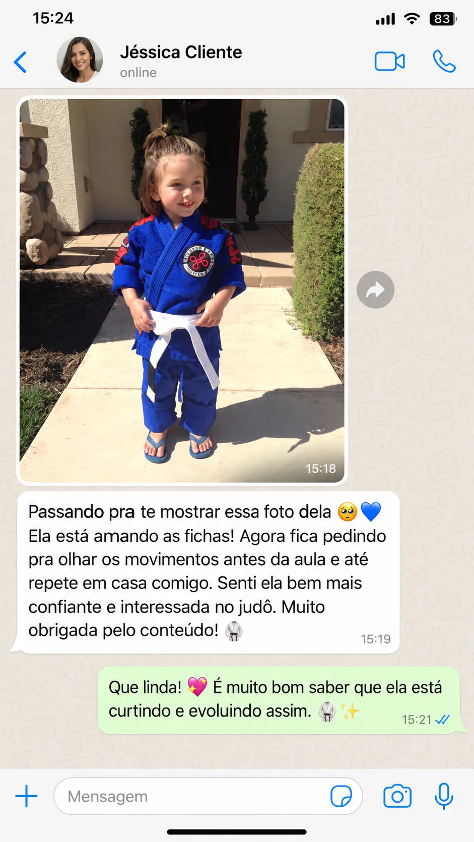 Depoimento 3: print de conversa de WhatsApp com foto da criança de kimono azul e faixa branca