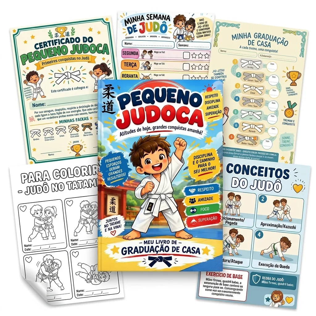 Kit Pequeno Judoca completo: livro, certificado, calendário, pôster de faixas, desenhos para colorir e conceitos do judô
